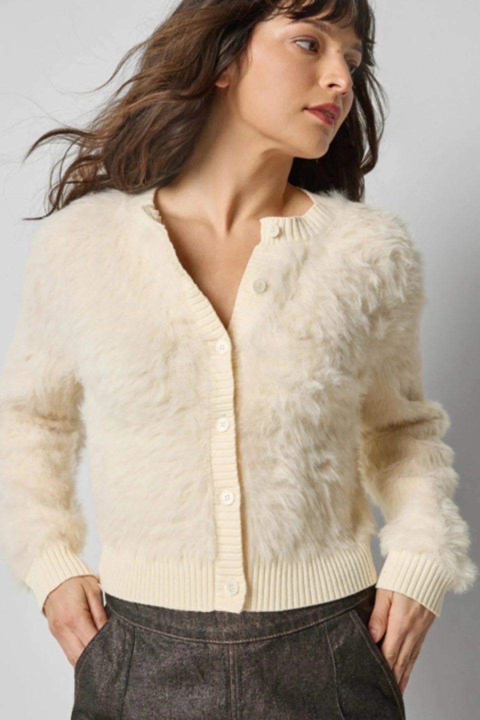 Brushed Crewneck Cardigan Ivory