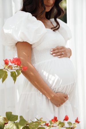 Annette Puff Sleeve Shirred Midi Dress – White